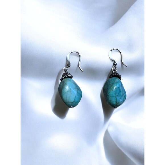 Turquoise Style Drop Earrings With Silver Accents Handcrafted Vintage Design - Picture 5 of 7